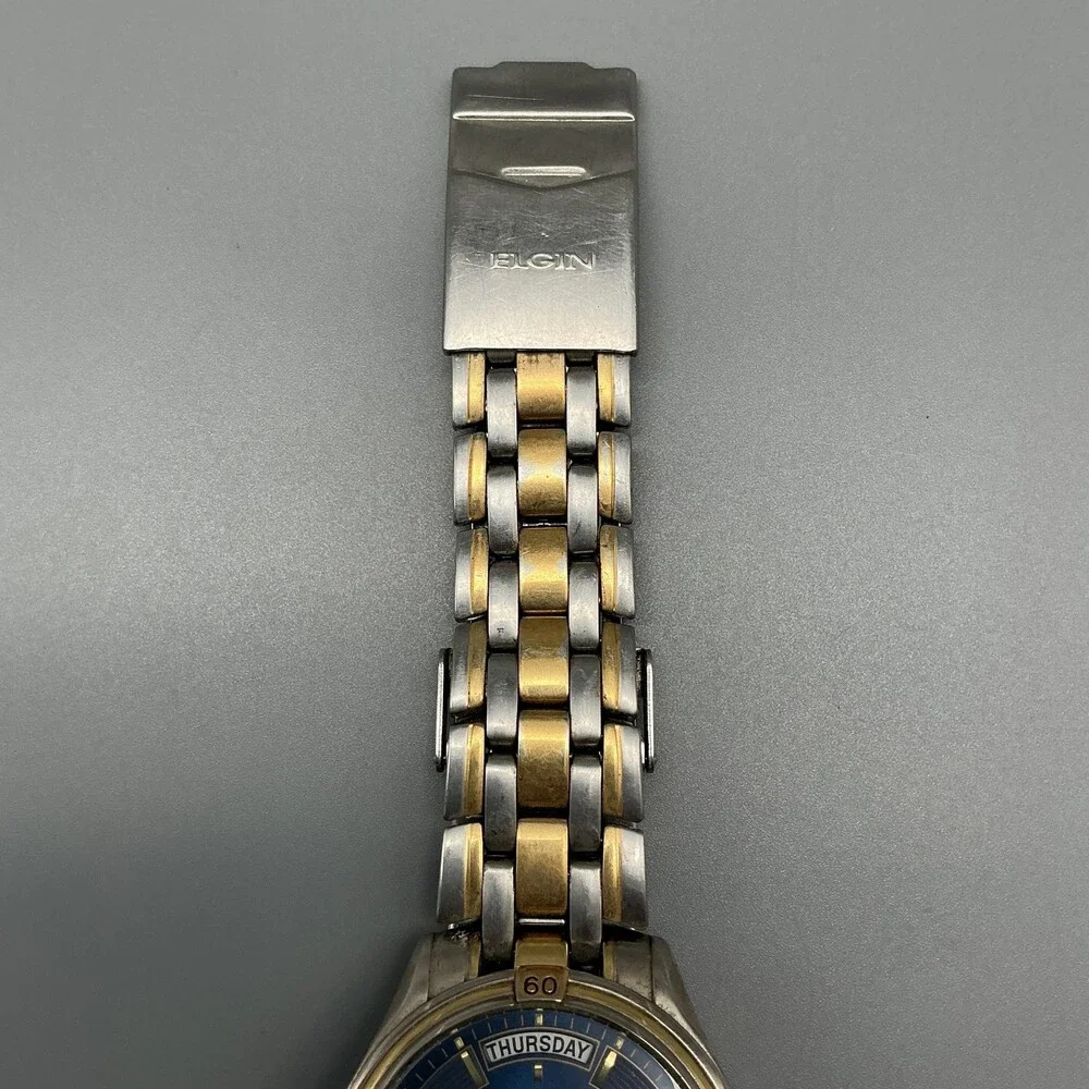 Vtg Elgin FCM215 Mens Watch 38mm Blue Dial Two Tone Day Date New Battery 7.25